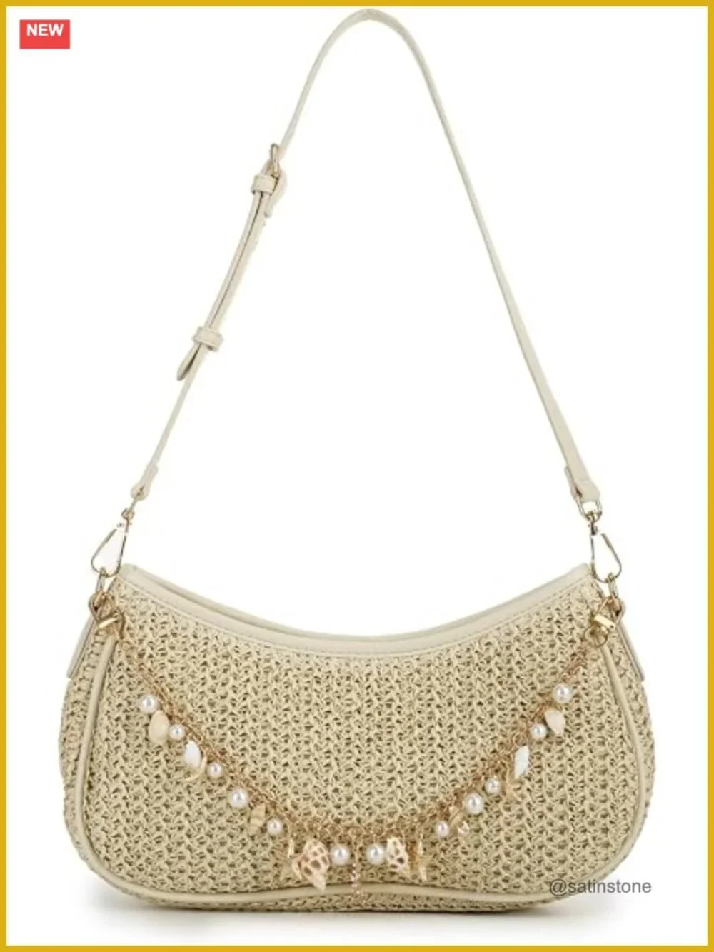 Woven Raffia Hobo Bag with Seashell Charm Chain, Adjustable Strap